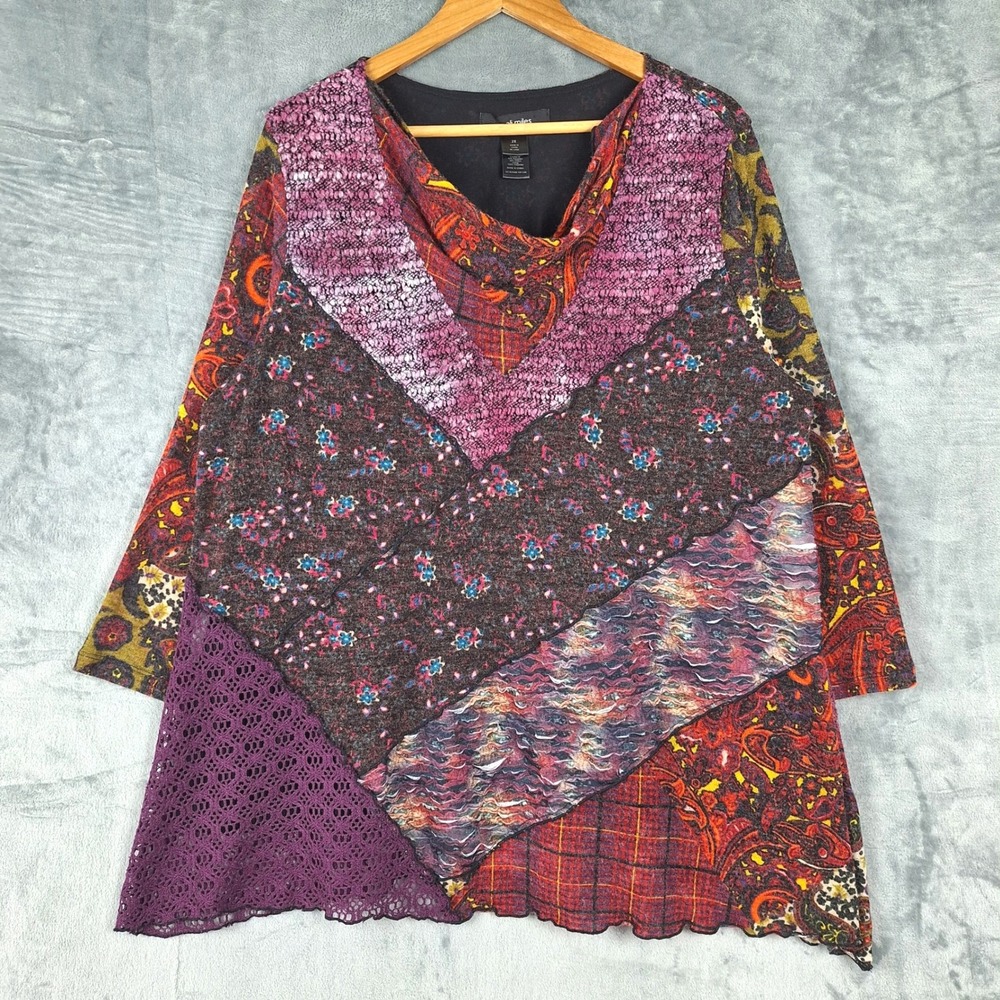 Ali Miles Top 2X Patchwork Boho Floral Cowl Neck Hippie Lagenlook Artsy Tunic‎